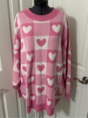 Chrissa Sparkles oversized pink & white gingham hearts sweater
